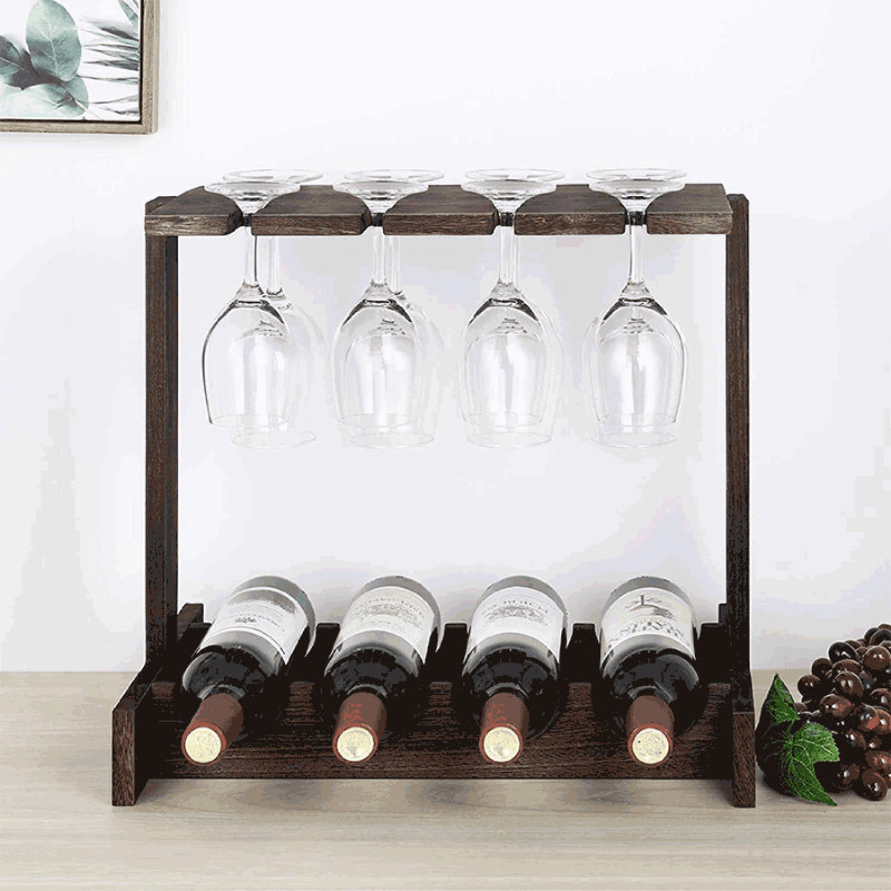 Matorino -Wood Wine Rack, Countertop Wine Storage Stand, Hold 4 Wine Bottles and 8 Glasses, Freestanding Wine Holder Stand for Kitchen, Pantry, Cellar, Bar.