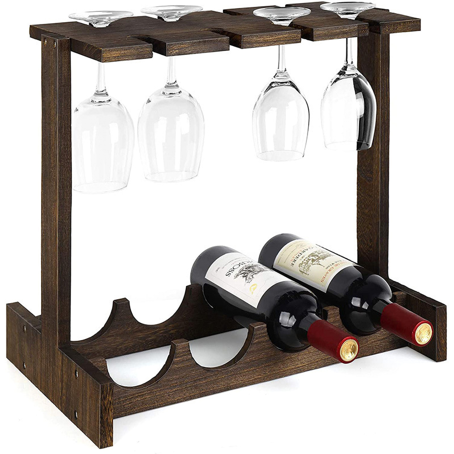 Matorino -Wood Wine Rack, Countertop Wine Storage Stand, Hold 4 Wine Bottles and 8 Glasses, Freestanding Wine Holder Stand for Kitchen, Pantry, Cellar, Bar.