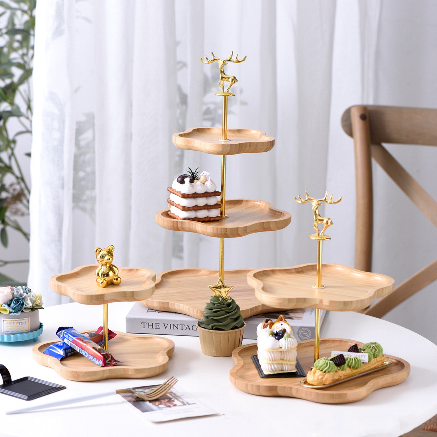 Matorino -Easter Decorations Tray/3-Tier Flower Shape Serving Tray-Wood Cake Stand Decorative Tray for Cupcake Cake Dessert Pastry and Birthday Decorations, Family Gatherings Easter Tea Parties Office Parties