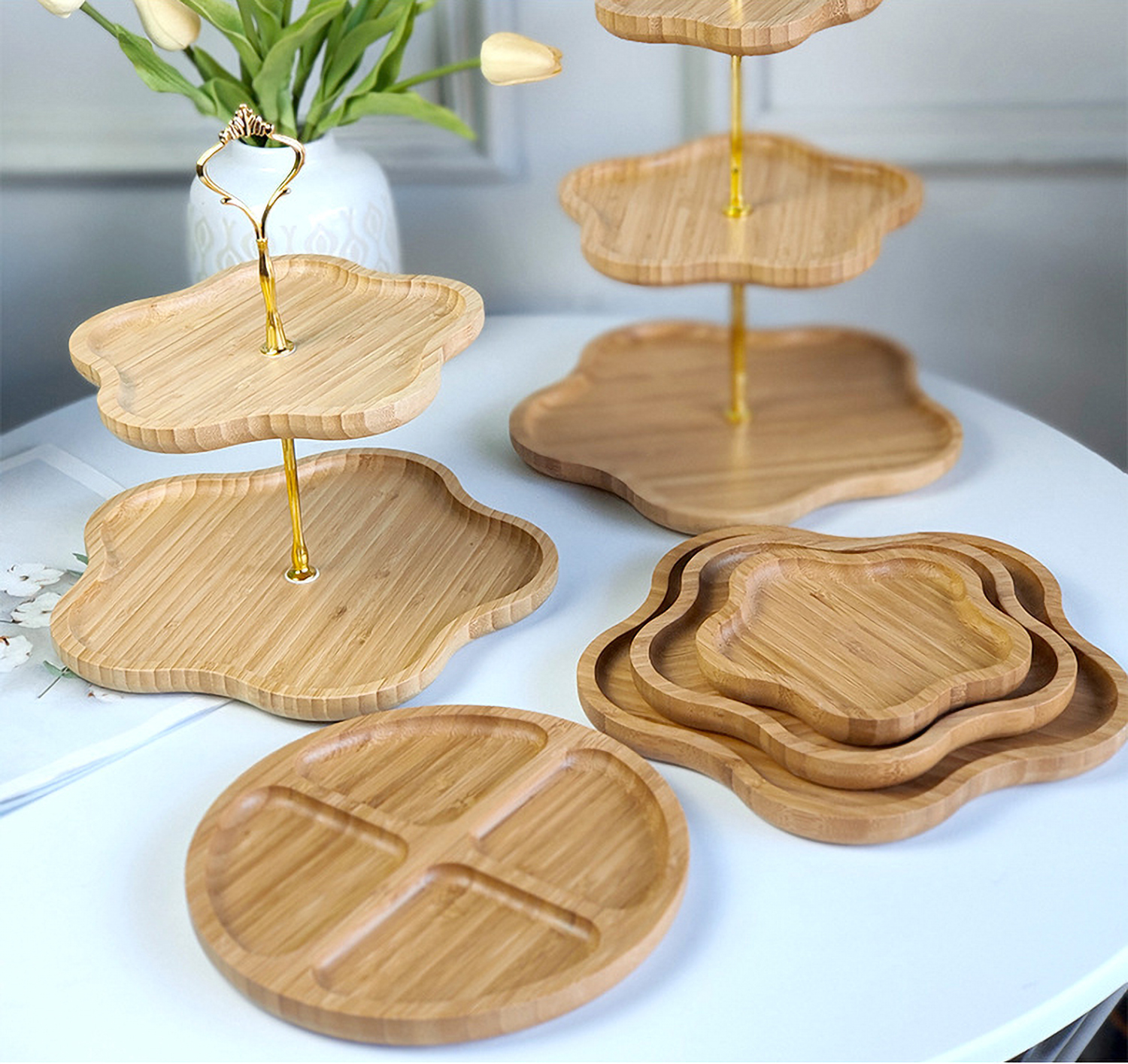 Matorino -Easter Decorations Tray/3-Tier Flower Shape Serving Tray-Wood Cake Stand Decorative Tray for Cupcake Cake Dessert Pastry and Birthday Decorations, Family Gatherings Easter Tea Parties Office Parties