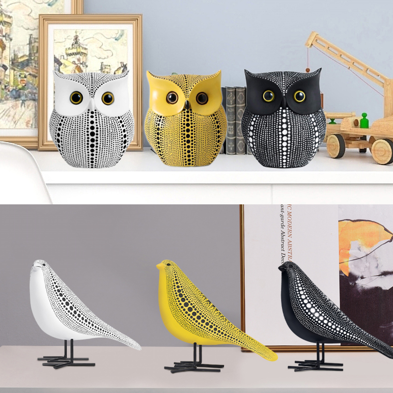 Matorino -Owl Statue for Home Decor Accents Office Decoration, Handmade Polka Dots Buhos Modern Bird Figurine for Indoor Book Shelf Desktop Cabinet Fireplace Mantel Living Room Bedroom Ornament.