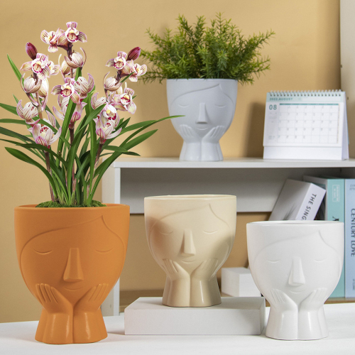 Matorino -Ceramic Head Planter with Drainage Hole, Indoor Face Plant Pot, Modern Statue Flower Vase Windowsill Box, Artsy Home Decoration.