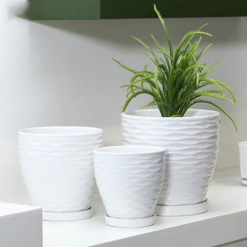 Matorino -Ceramic Planters, Set of 3 Plant Pots for Indoor Plants, Flower Pots with Drainage Holes, Large Round Planters Pot for Outdoor Indoor House Plants, Reactive Glaze Cloud Cream,Customized Colors.