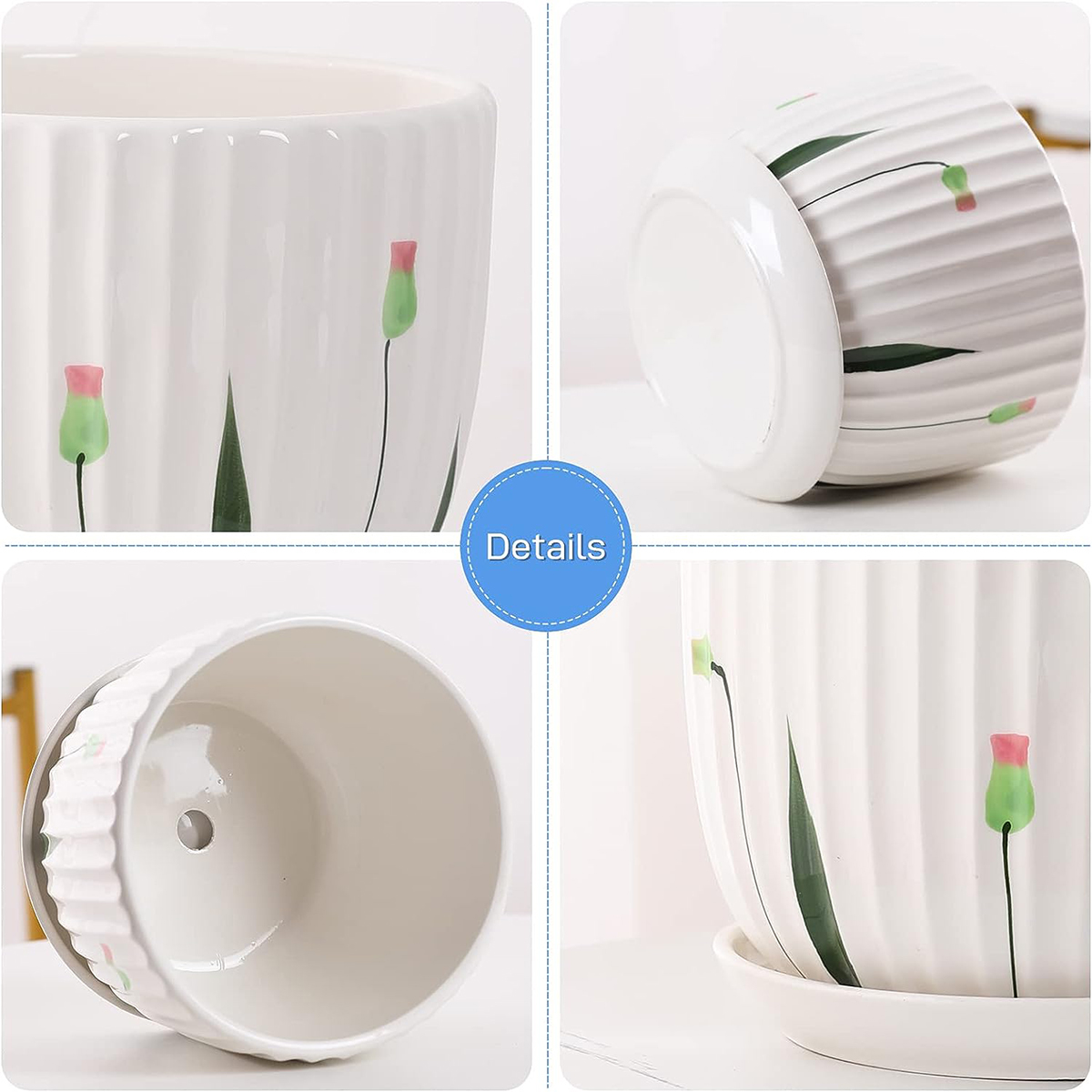 Matorino -Set of 4 Ceramic Plant Pots, Garden Flower Planter Pot, Round Modern Succulent Cactus Containers with Drainage and Saucer.