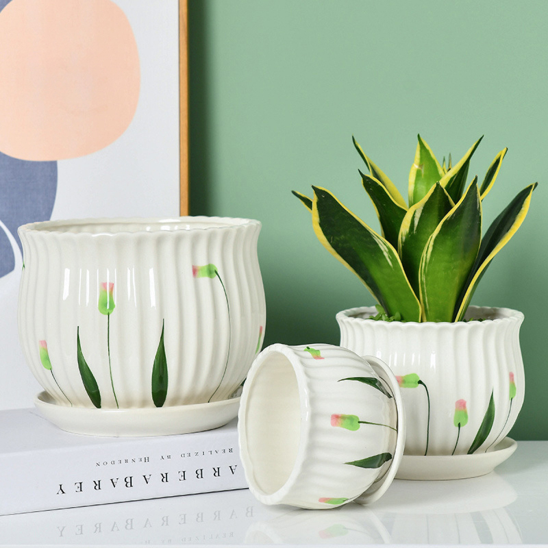 Matorino -Set of 4 Ceramic Plant Pots, Garden Flower Planter Pot, Round Modern Succulent Cactus Containers with Drainage and Saucer.