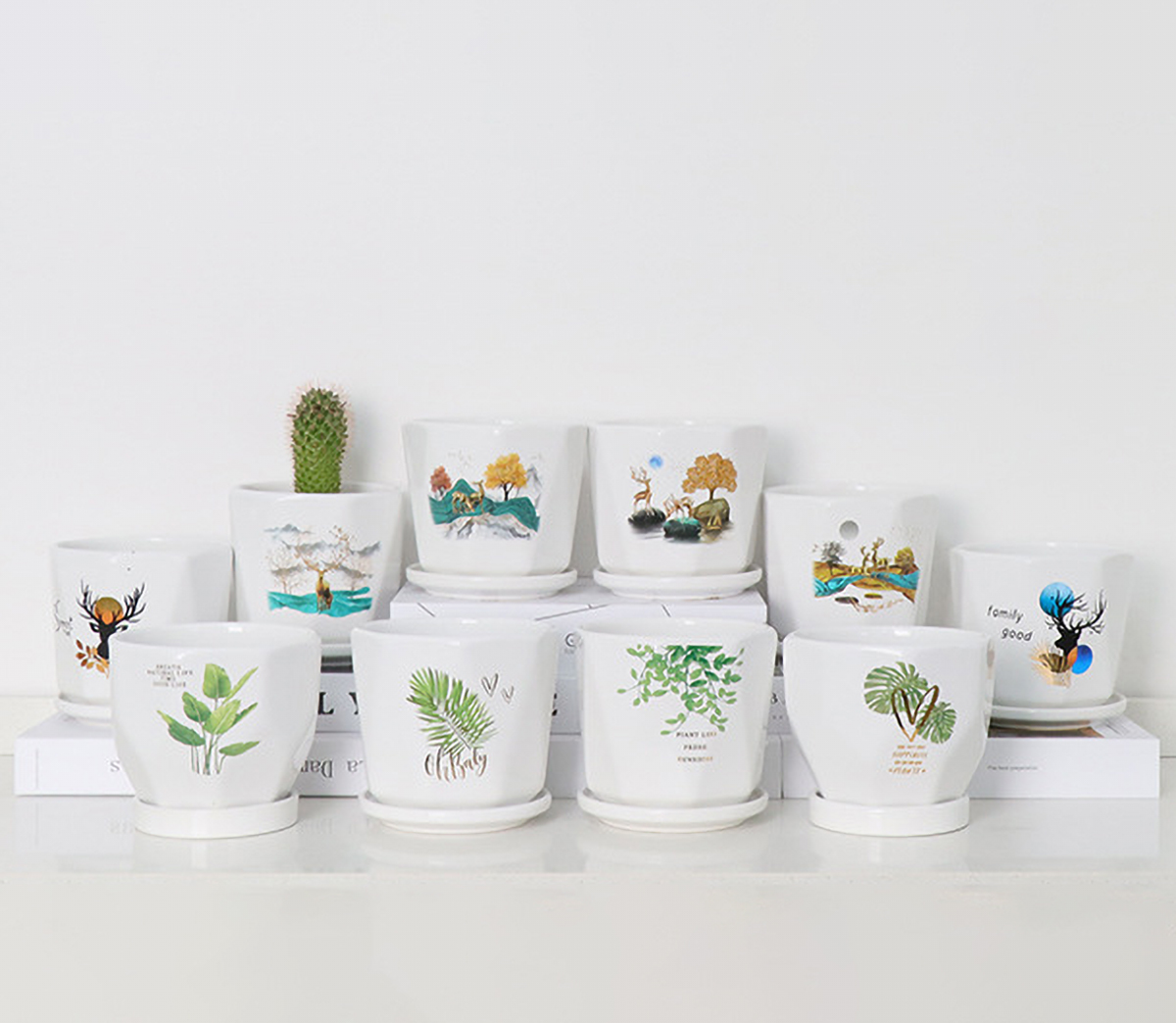 Matorino -Set of 4 Ceramic Plant Pots, Garden Flower Planter Pot, Round Modern Succulent Cactus Containers with Drainage and Saucer.