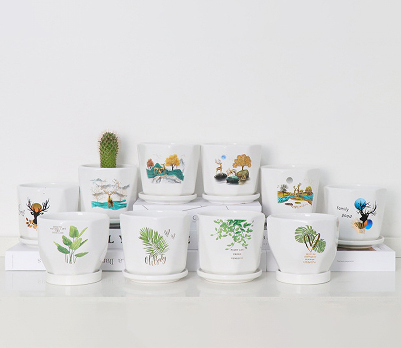 Matorino -Set of 4 Ceramic Plant Pots, Garden Flower Planter Pot, Round Modern Succulent Cactus Containers with Drainage and Saucer.