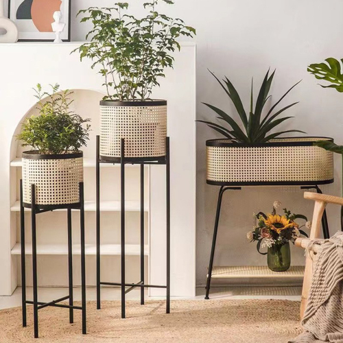 Matorino - Artificial rattan woven flower pot, modern rattan pot stand for living room and balcony, indoor metal art plant pot.