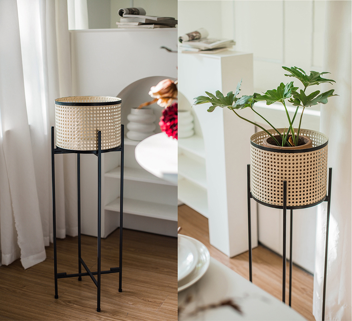 Matorino - Artificial rattan woven flower pot, modern rattan pot stand for living room and balcony, indoor metal art plant pot.