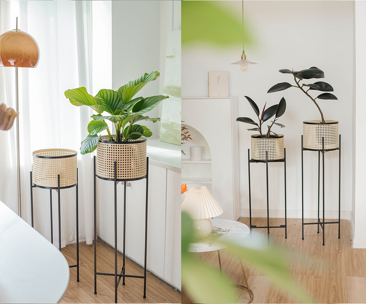 Matorino - Artificial rattan woven flower pot, modern rattan pot stand for living room and balcony, indoor metal art plant pot.