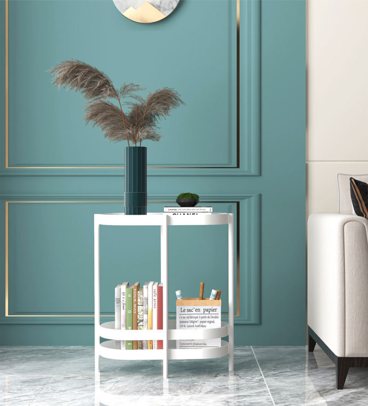 Matorino -End Table for Small Space, Narrow Oval Side Tables Living Room, Little Skinny Beside Table Slim Nightstand with Magazine Holder for Bedroom.