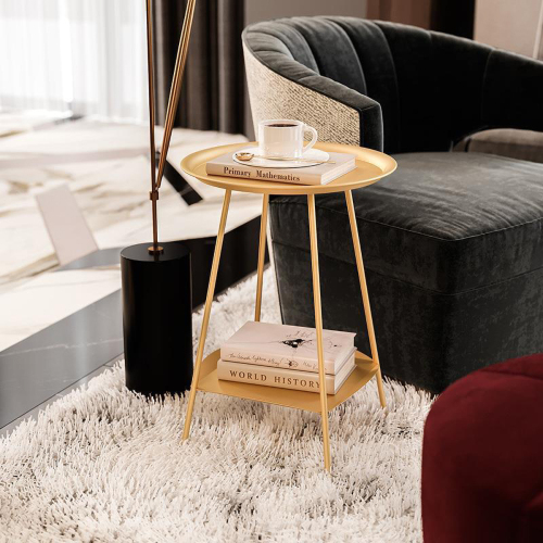 Matorino -Folding End Table 2-Tier Metal Round Side Table with Removable Tray for Living Room.