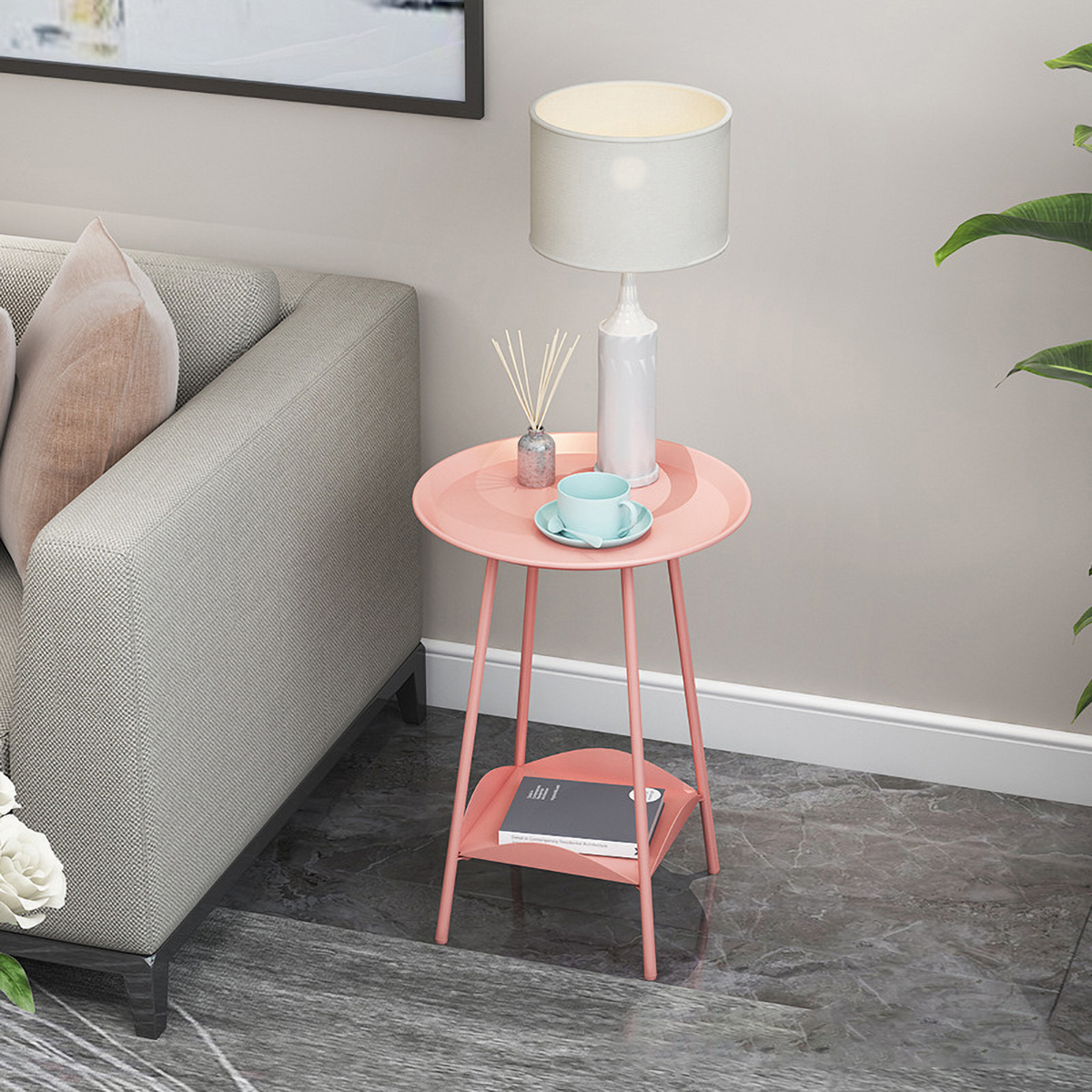 Matorino -Folding End Table 2-Tier Metal Round Side Table with Removable Tray for Living Room.