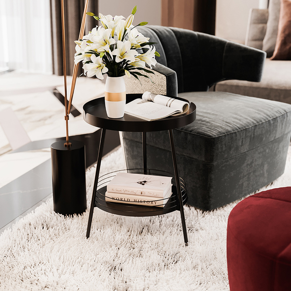 Matorino -Side Table, 2 Tier Metal Round End Table, Coffee Table, Small Sofa Side Table, Outdoor Indoor Accent Table, Nightstand Waterproof Removable Tray, Table for Living Room Bedroom Balcony.
