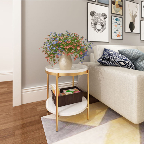 Matorino -End Table, Metal Round Tray, 2-Tier Side Table, Small Folding Accent Coffee Table, Sofa Side Snack Table, Anti-Rust and Waterproof Nightstand for Living Room Bedroom and Office.