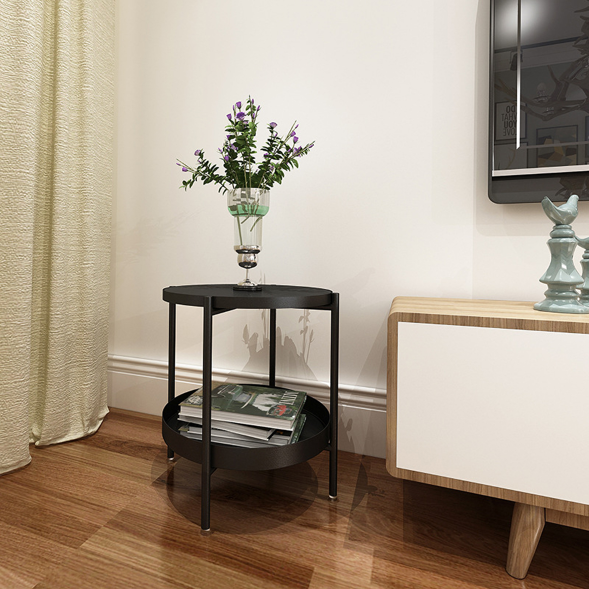 Matorino -End Table, Metal Round Tray, 2-Tier Side Table, Small Folding Accent Coffee Table, Sofa Side Snack Table, Anti-Rust and Waterproof Nightstand for Living Room Bedroom and Office.