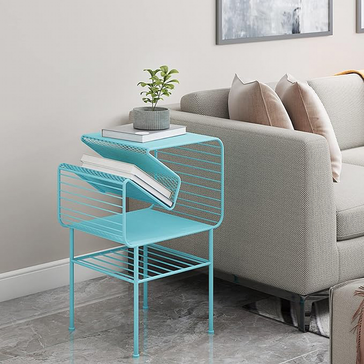 Matorino -Corner Side Table and End Table for Small Spaces, Coffee Desk for Living Room and Bedroom Balcony, Floor Newspaper Magazine Rack, Sturdy Metal Frame.