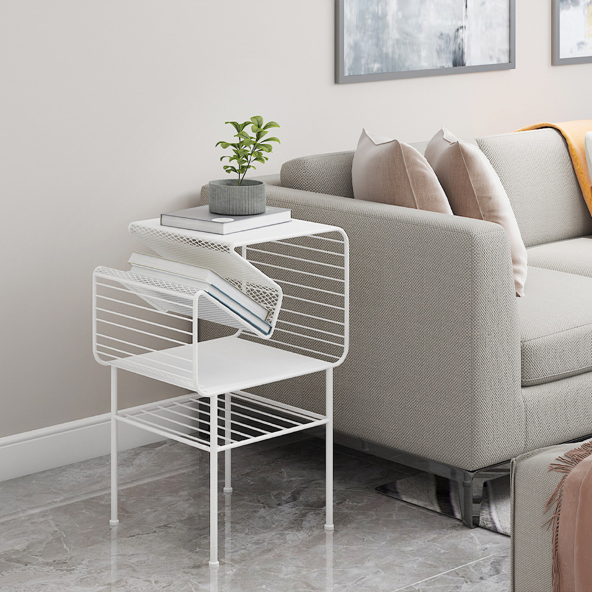 Matorino -Corner Side Table and End Table for Small Spaces, Coffee Desk for Living Room and Bedroom Balcony, Floor Newspaper Magazine Rack, Sturdy Metal Frame.