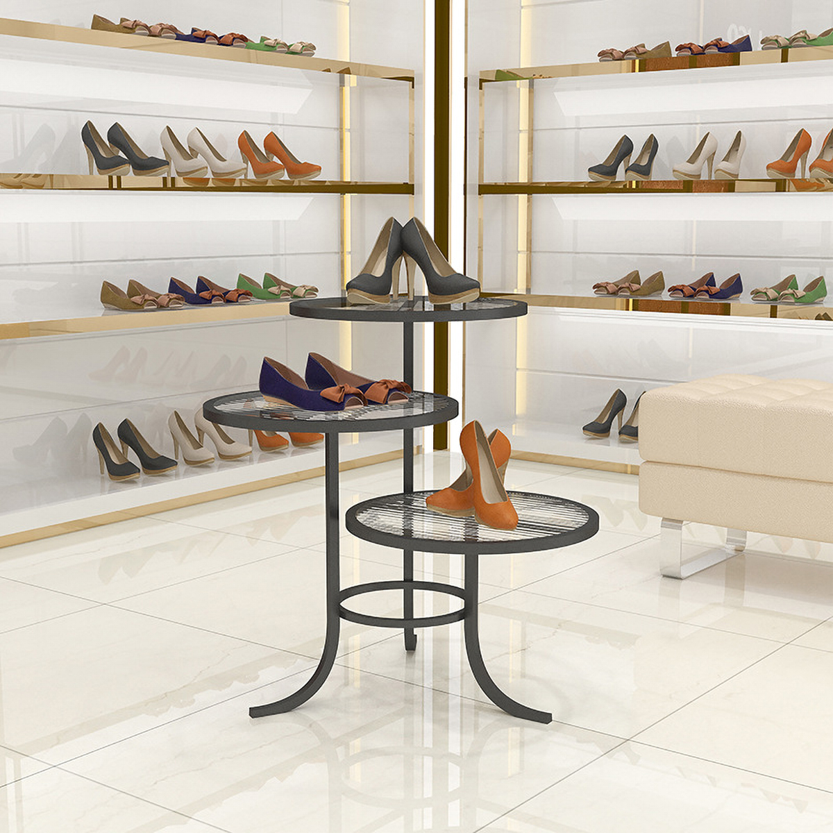Matorino -Round End Table with Metal Frame, Side Table with 3-Tier Shelves, Small Table for Living Room Small Coffee Table.