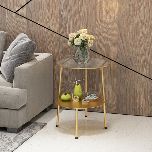Matorino -Metal 2 Tier Accent Table with Shaded Glass Top, Mini Coffee Table, Nordic Minimalist Small Round Sofa Side Table.