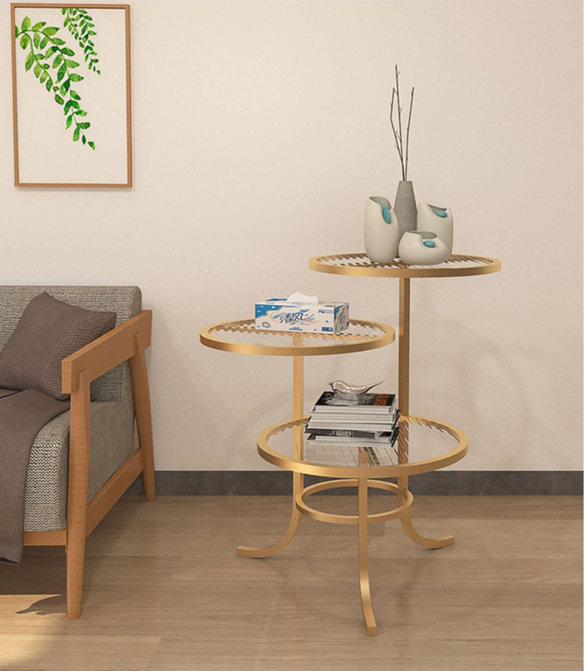 Matorino -Round End Table with Metal Frame, Side Table with 3-Tier Shelves, Small Table for Living Room Small Coffee Table.