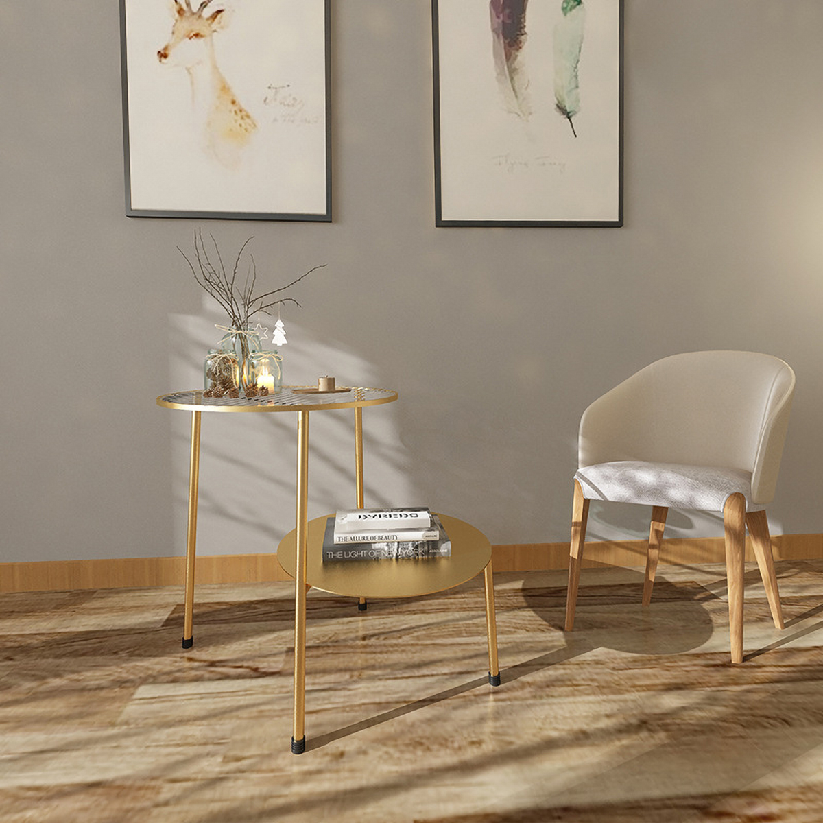 Matorino -Metal 2 Tier Accent Table with Shaded Glass Top, Mini Coffee Table, Nordic Minimalist Small Round Sofa Side Table.