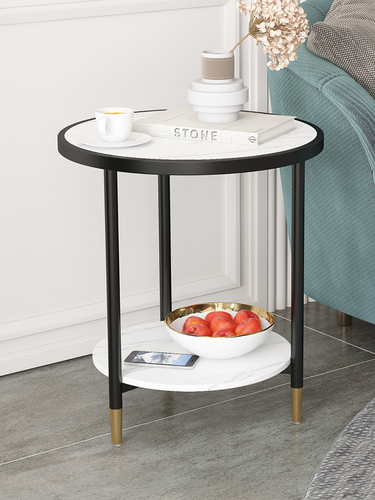 Matorino -Bedside Tables Round 2-Tier Sofa Side Coffee End Table, Balcony Leisure Display Rack, Home Modern Simple Small Furniture,(Sintered Stone Top).