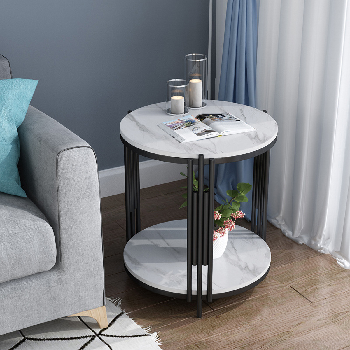 Matorino -Round Coffee and Side Accent End Table for Living Room with Metal & Engineered Wood Tabletop and Metal Frame.