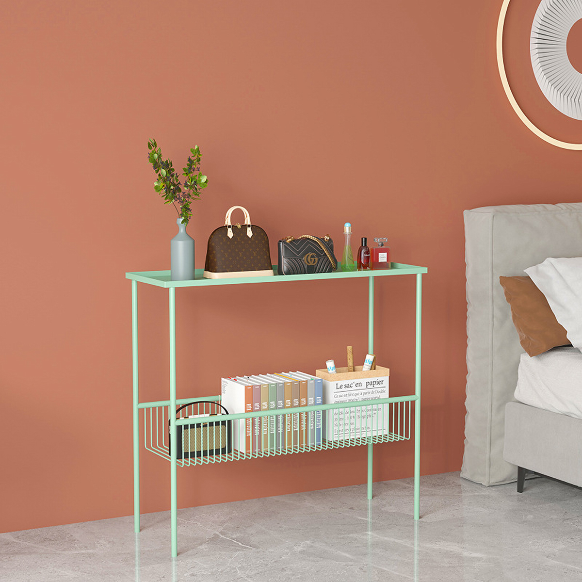 Matorino -Tables End Modern Metal Sofa Side with Storage Organizer Basket, Small Spaces Coffee Tea End.