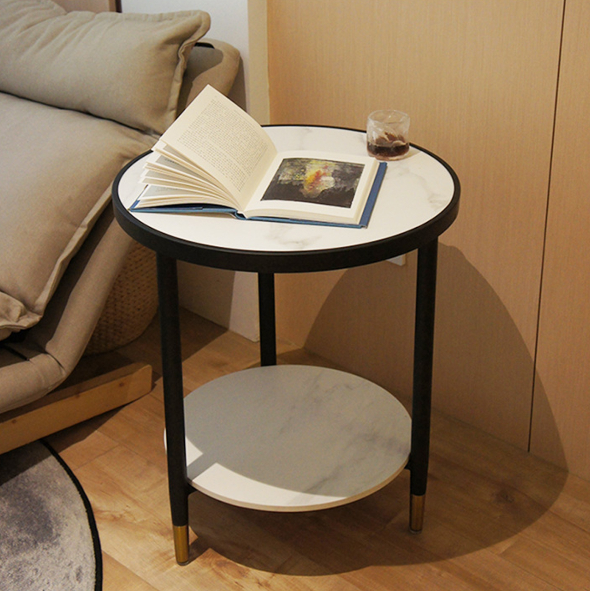 Matorino -Bedside Tables Round 2-Tier Sofa Side Coffee End Table, Balcony Leisure Display Rack, Home Modern Simple Small Furniture,(Sintered Stone Top).