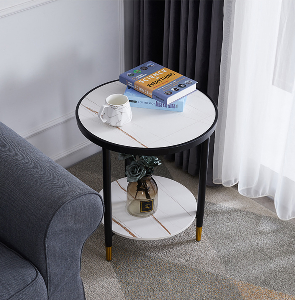 Matorino -Bedside Tables Round 2-Tier Sofa Side Coffee End Table, Balcony Leisure Display Rack, Home Modern Simple Small Furniture,(Sintered Stone Top).