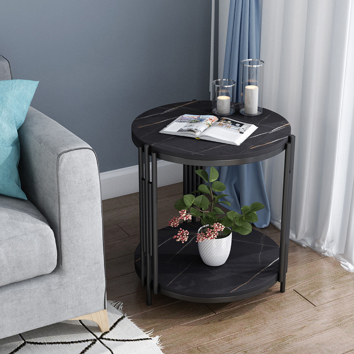 Matorino -Round Coffee and Side Accent End Table for Living Room with Metal & Engineered Wood Tabletop and Metal Frame.