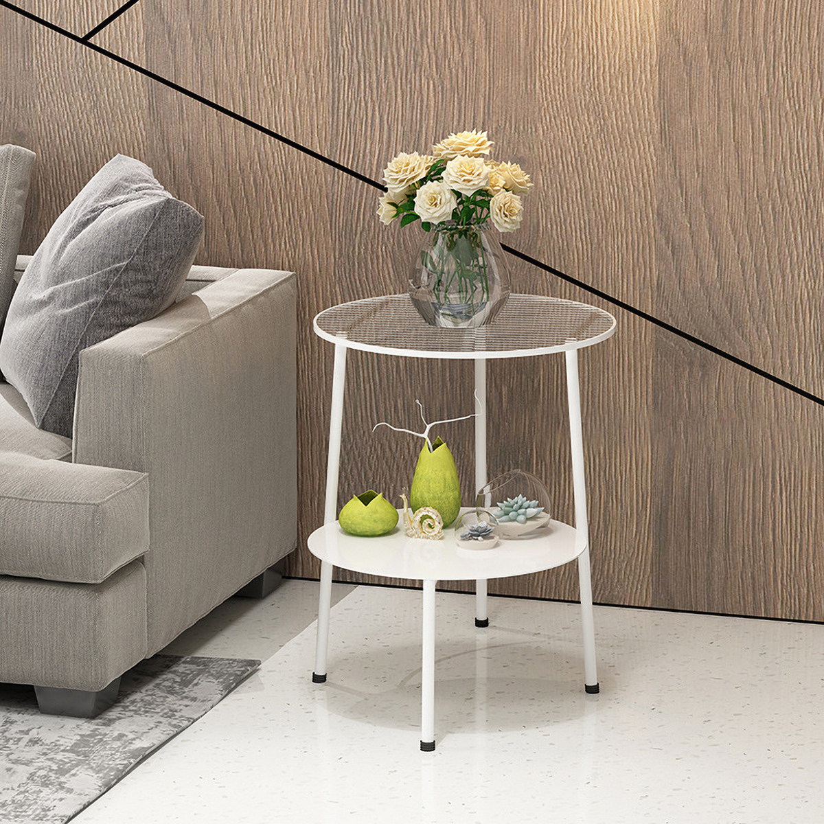 Matorino -Metal 2 Tier Accent Table with Shaded Glass Top, Mini Coffee Table, Nordic Minimalist Small Round Sofa Side Table.