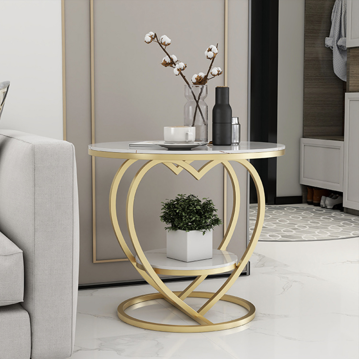 Matorino -Home End Table, Metal Nightstand, Coffee Round Table, Sofa Side Snack Table with Drawer Storage, 2-Tier Style Table for Living Room Bedroom.