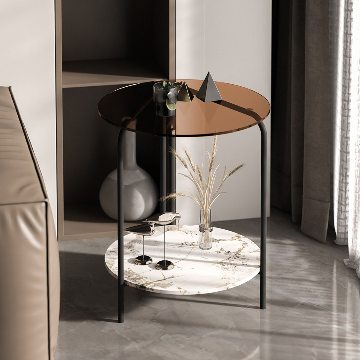 Matorino -2-Tier Round Coffee Table Glass, Simple Modern Center Table for Living Room Home, Sofa Side Table with Metal Steel Frame.