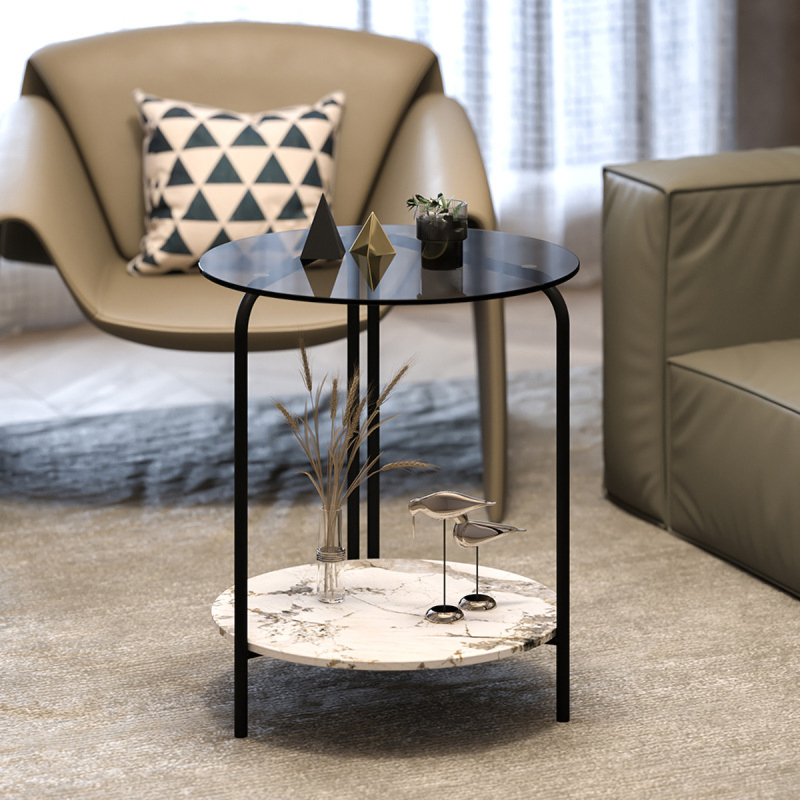 Matorino -2-Tier Round Coffee Table Glass, Simple Modern Center Table for Living Room Home, Sofa Side Table with Metal Steel Frame.