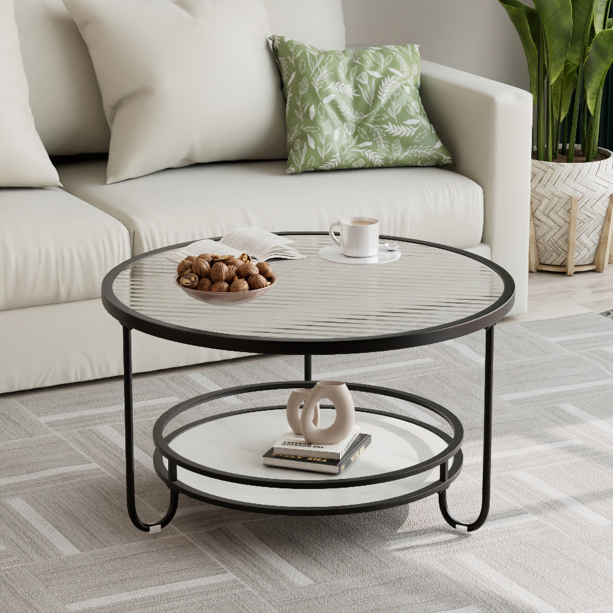 Matorino -Stylish and Practical Modern Round Glass Coffee Table, with Storage Included and Tempered Glass Top.