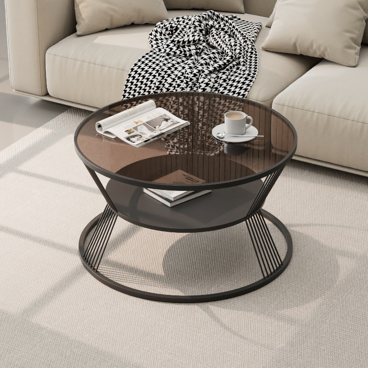Matorino -End Table, 2 Tier Round Coffee Table with Open Storage Shelf for Living Room, Tempered Glass Table Top, Metal Frame.