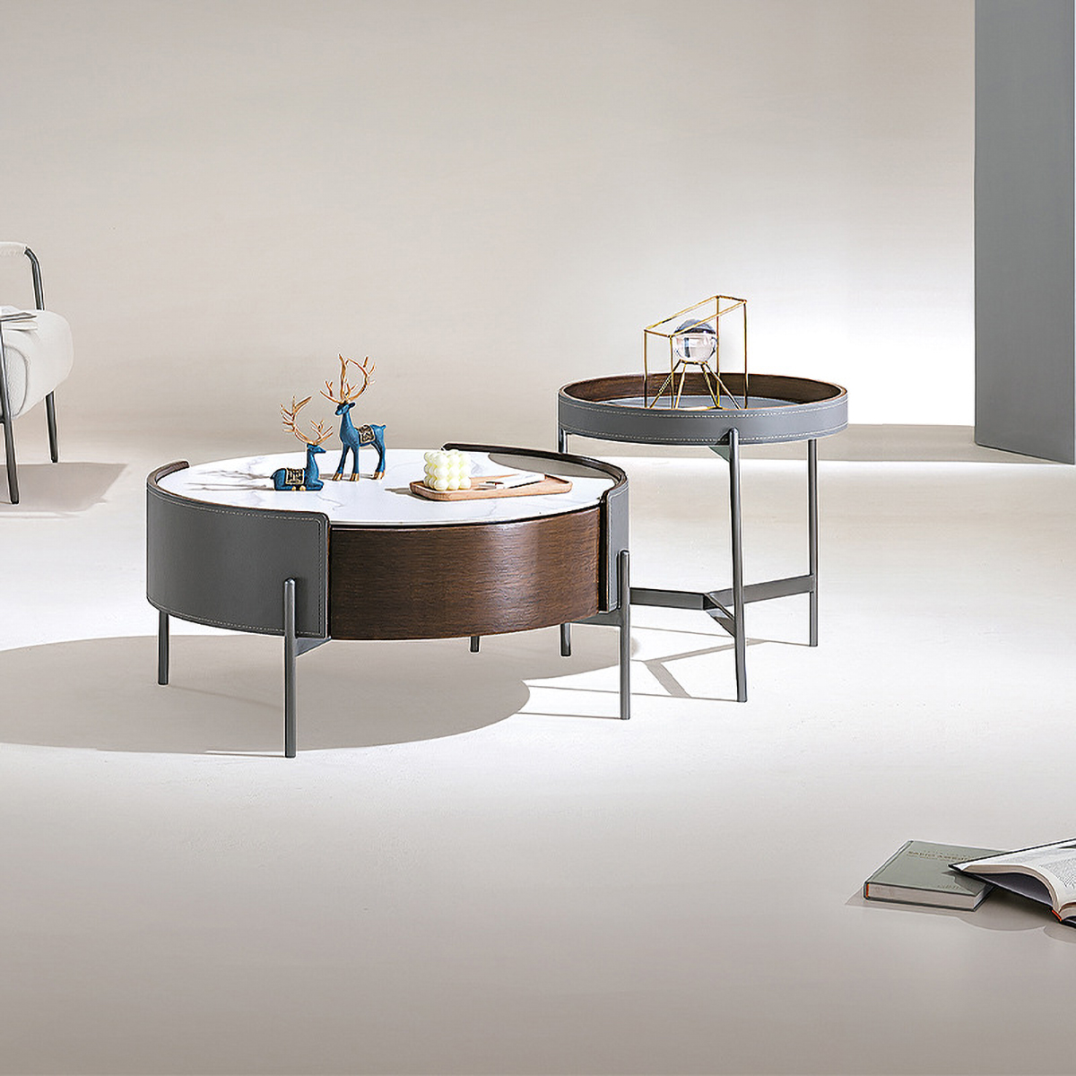 Matorino -Set of 2 Nesting Coffee Tables, Round Coffee Tables Steel Frame Storage Drawer for Small Spaces, Living Room or Lounge.