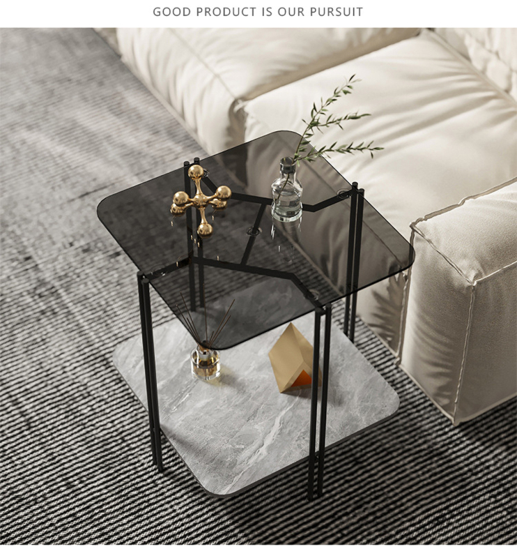 Matorino -Nordic side table, simple apartment glass sofa End table, 2-tier round table Glass Sofa Side Cabinet Slate, Light Luxury Creative Corner Table.
