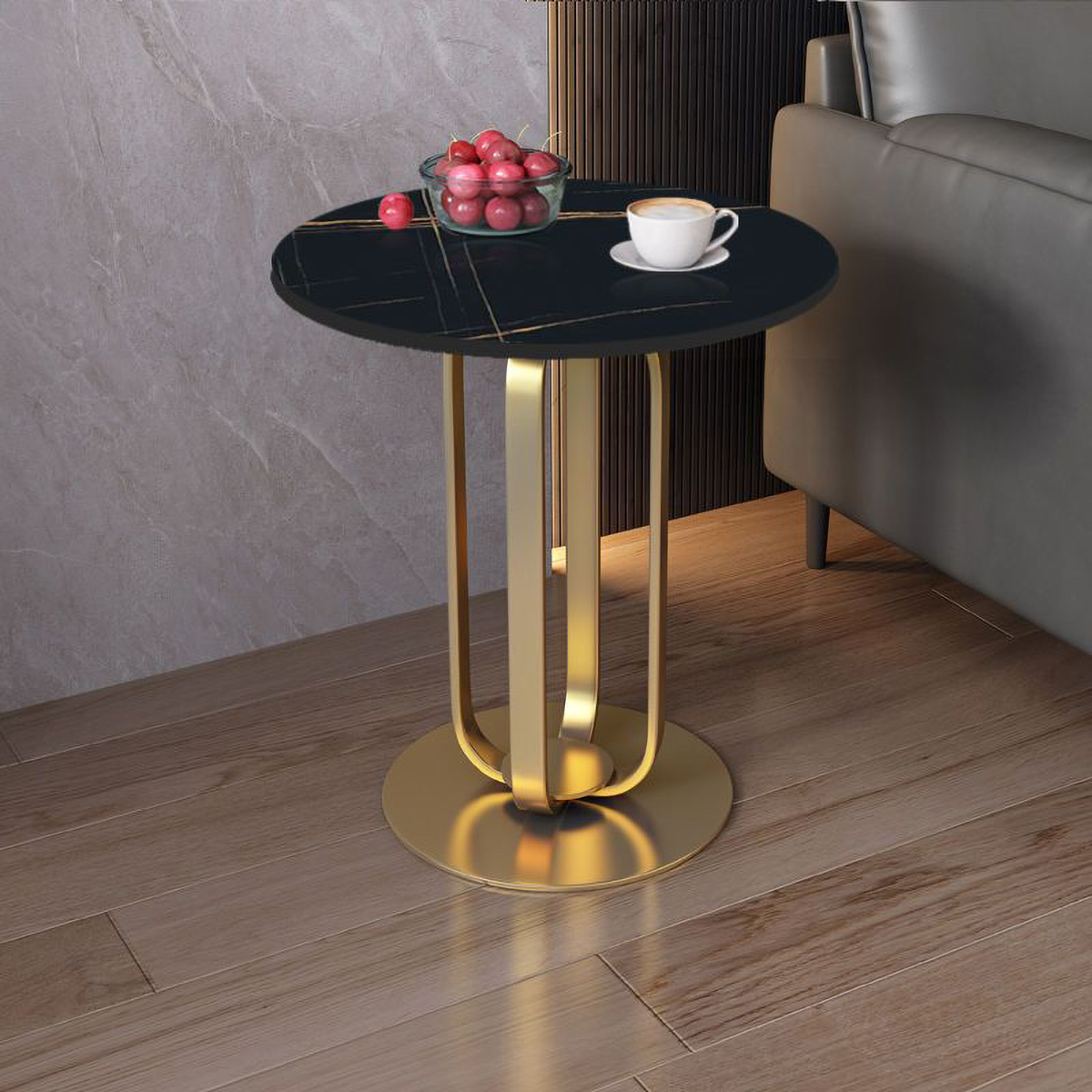 Matorino -Side Table, Modern Minimalist Round Slate Nightstand, Multifunctional White Top Sofa Coffee Table with Metal Frame, for Living Room and Bedroom.