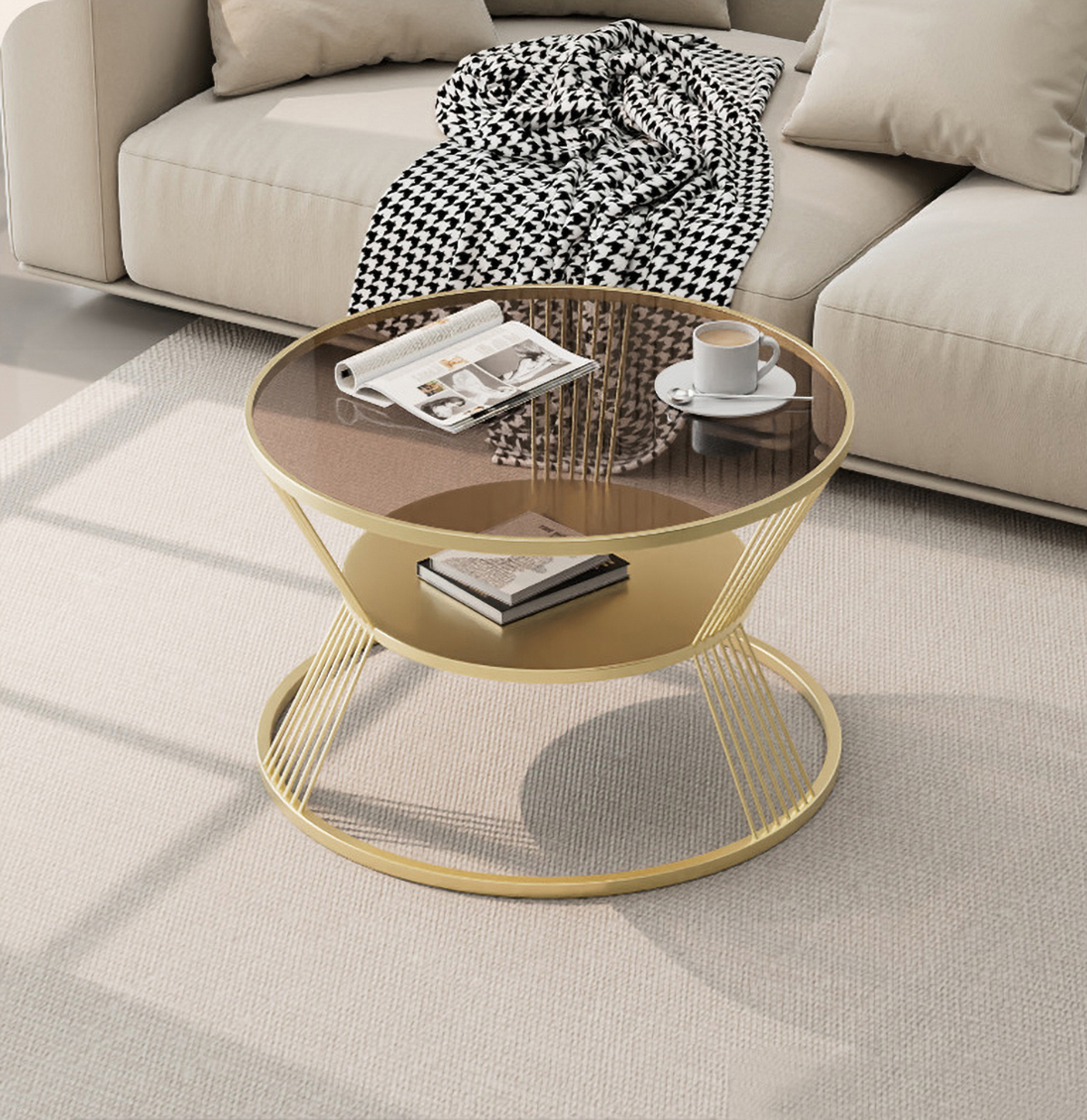 Matorino -End Table, 2 Tier Round Coffee Table with Open Storage Shelf for Living Room, Tempered Glass Table Top, Metal Frame.