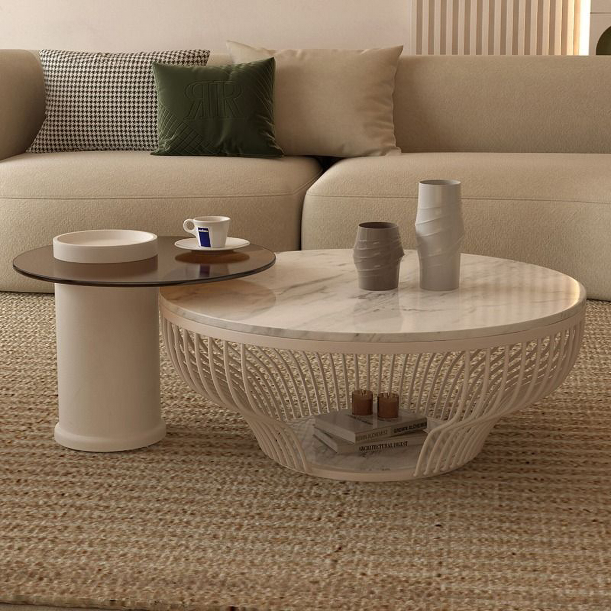 Matorino -Round Modern Coffee Table with Stone Base, Nordic Center Tea Table for Living Room, Entrance Hall Furniture, Proof Tempered Glass Desktop for Reception Room Office.