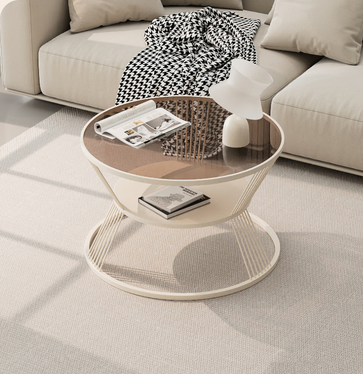 Matorino -End Table, 2 Tier Round Coffee Table with Open Storage Shelf for Living Room, Tempered Glass Table Top, Metal Frame.