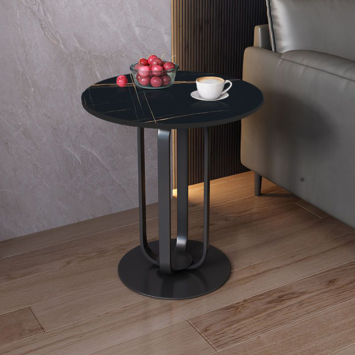 Matorino -Side Table, Modern Minimalist Round Slate Nightstand, Multifunctional White Top Sofa Coffee Table with Metal Frame, for Living Room and Bedroom.