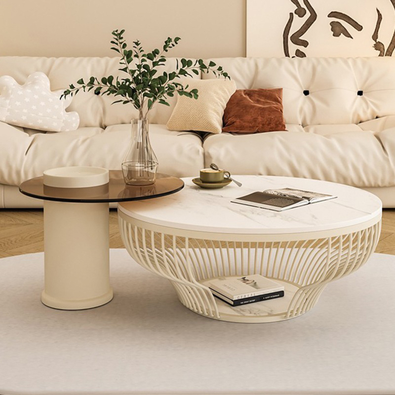 Matorino -Round Modern Coffee Table with Stone Base, Nordic Center Tea Table for Living Room, Entrance Hall Furniture, Proof Tempered Glass Desktop for Reception Room Office.