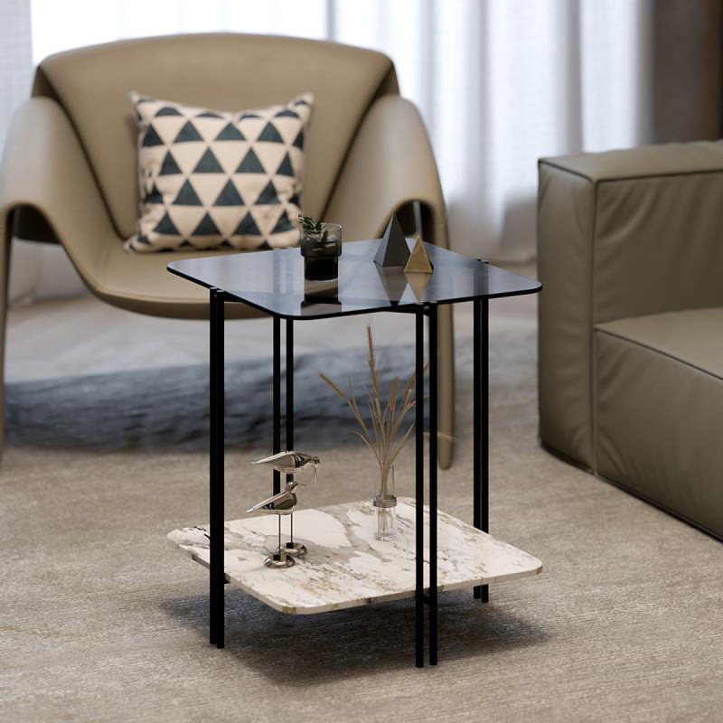 Matorino -Nordic side table, simple apartment glass sofa End table, 2-tier round table Glass Sofa Side Cabinet Slate, Light Luxury Creative Corner Table.