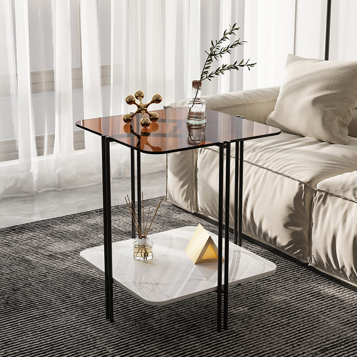 Matorino -Nordic side table, simple apartment glass sofa End table, 2-tier round table Glass Sofa Side Cabinet Slate, Light Luxury Creative Corner Table.