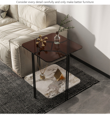 Matorino -Nordic side table, simple apartment glass sofa End table, 2-tier round table Glass Sofa Side Cabinet Slate, Light Luxury Creative Corner Table.