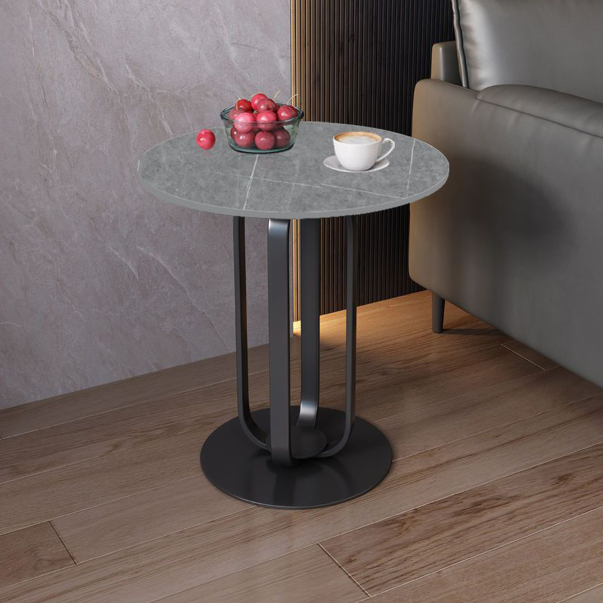 Matorino -Side Table, Modern Minimalist Round Slate Nightstand, Multifunctional White Top Sofa Coffee Table with Metal Frame, for Living Room and Bedroom.